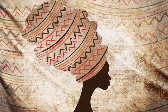 Fotobehang Silhouet van een vrouw met een Afrikaanse hoofdtooi