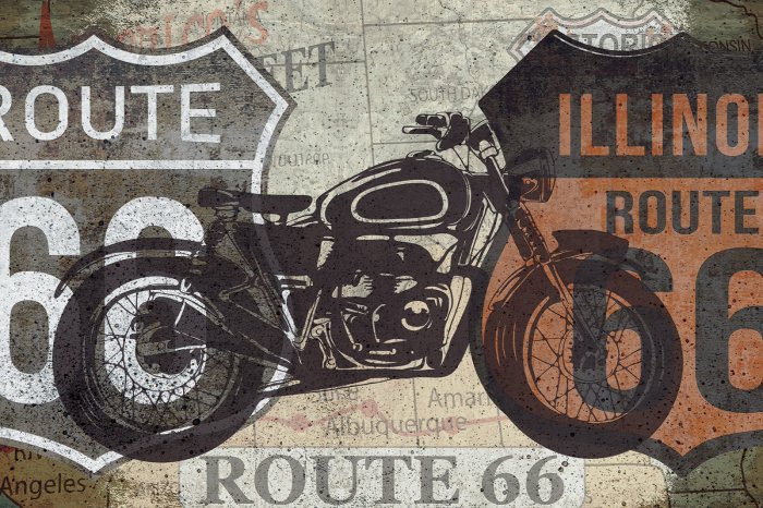 Fotobehang Een zwarte motorfiets voor de borden Route 66 en Illinois.