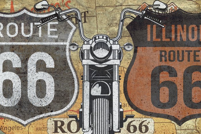 Fotobehang Een motorfiets voor de borden van Route 66 en Illinois Route 66