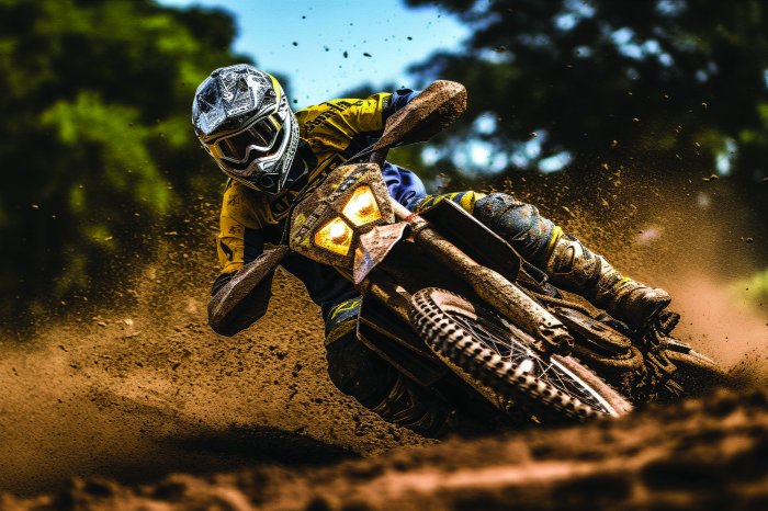 Fotobehang Een motorrijder op een modderpad tijdens een dynamische bocht