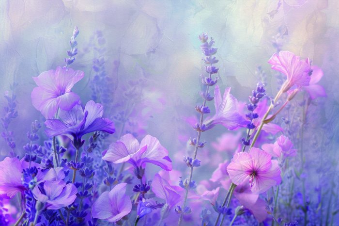 Fotobehang Roze bloemen en lavendel in de weide