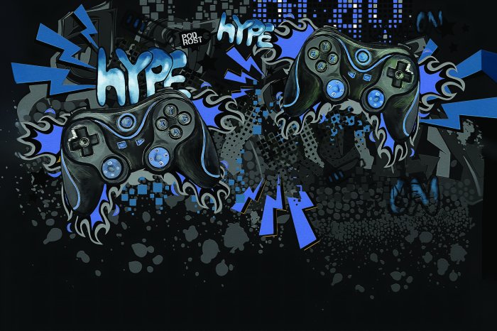 Fotobehang Zwart-blauwe graffiti met gamethema