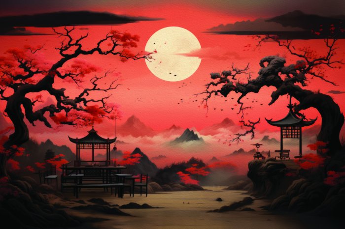 Fotobehang Landschap met Aziatische elementen bij zonsondergang