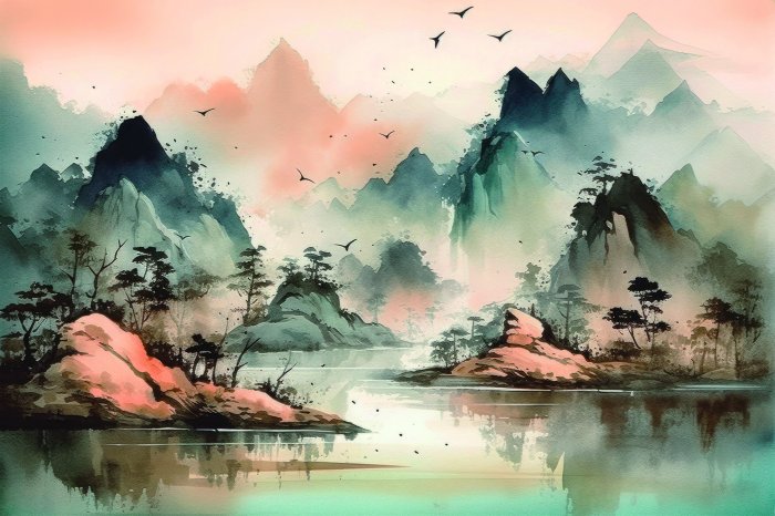 Fotobehang Een landschap van Aziatische bergen met een meer geschilderd in waterverf