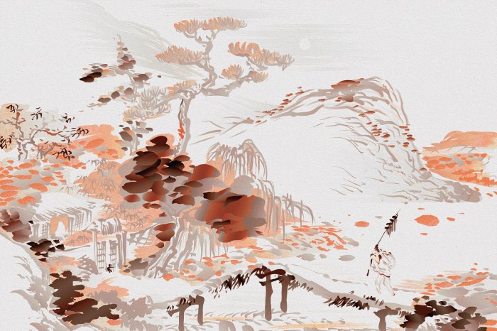 Fotobehang Aquarel Japanse tuin