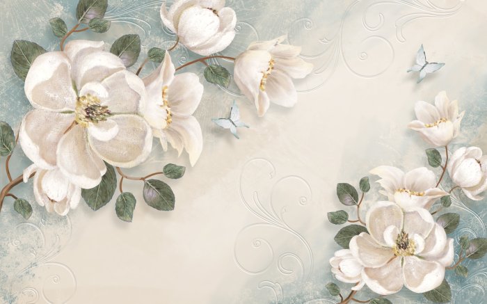 Fotobehang Witte bloemen en blauwe vlinders tussen de ornamenten