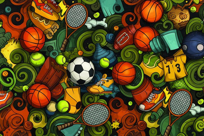 Fotobehang Jeugdsportpatroon met ballen, schoenen en rackets