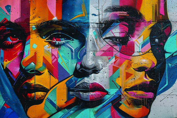 Fotobehang Een kleurrijke muurschildering van vrouwengezichten in geometrische stijl