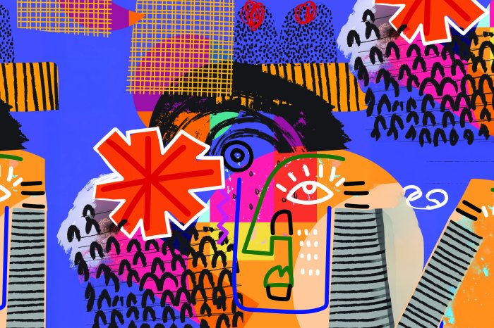 Fotobehang Een kleurrijke geometrische compositie met een oog- en gezichtsmotief