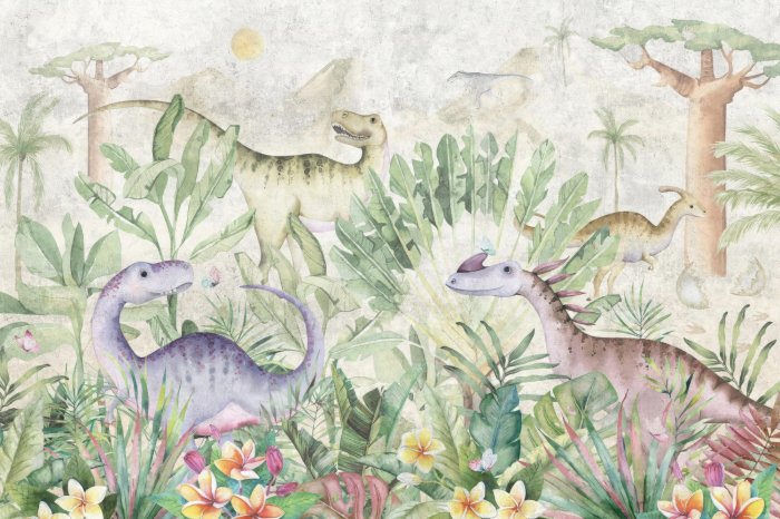 Fotobehang Kleurrijke dinosaurussen tussen tropische planten