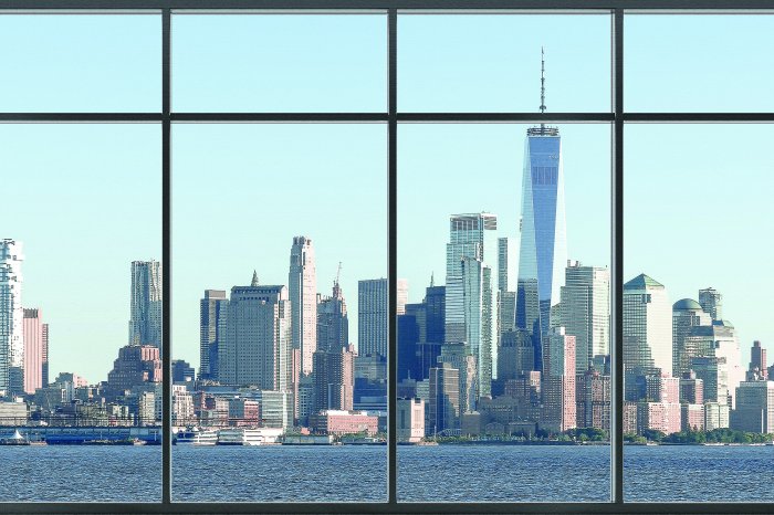 Fotobehang Uitzicht vanuit het raam op de wolkenkrabbers van New York en de rivier