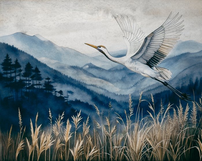 Fotobehang Een vogel tegen een bergachtergrond in aquarelstijl