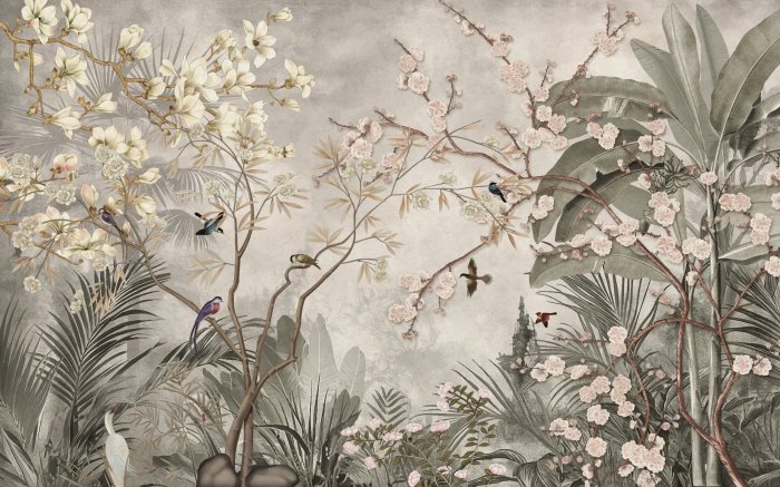 Fotobehang Vogels tussen de tropische jungle en exotische bladeren