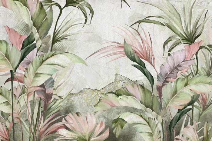 Fotobehang Pastelkleurige tropische bladeren in groene en roze tinten