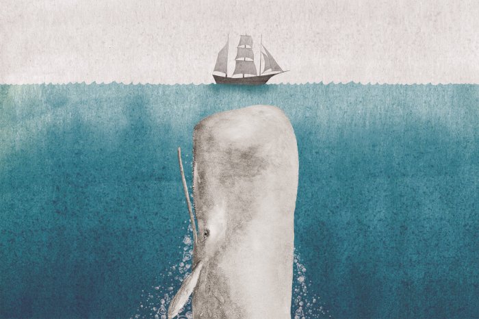 Fotobehang Zeelandschap met een walvis en een schip, aquarel