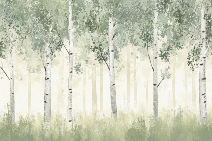 Fotobehang Berkenboslandschap in schilderstijl