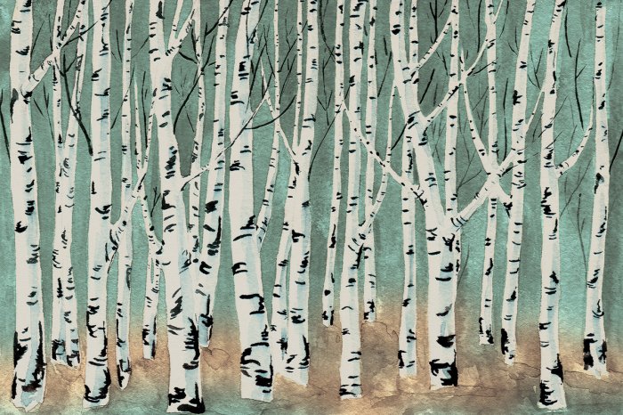 Fotobehang Aquarellandschap met berken