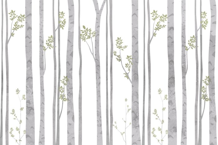 Fotobehang Berkenbomen met bladeren in aquarelstijl op een witte achtergrond