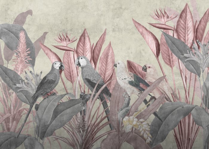 Fotobehang Papegaaien tegen een achtergrond van tropische planten