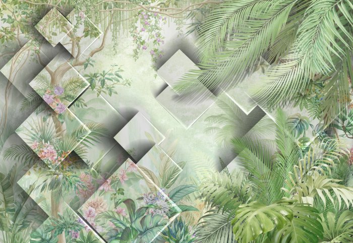 Fotobehang Groen junglelandschap met moderne 3D-geometrie