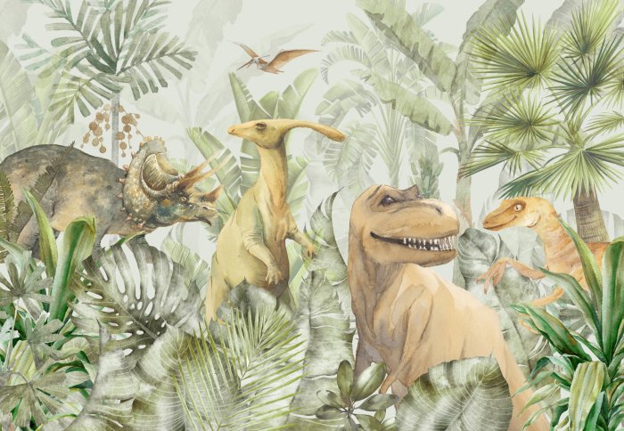 Fotobehang Pastelkleurige dinosaurussen in de jungle