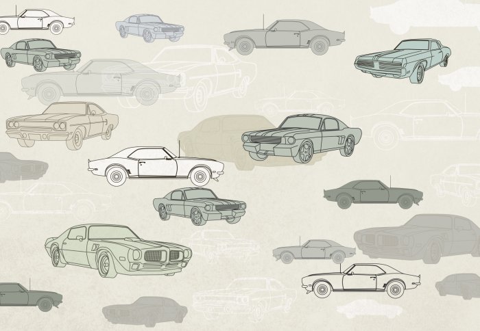 Fotobehang Retro auto&#39;s in tinten groen