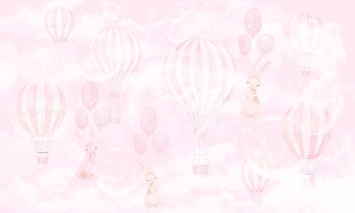 Fotobehang Konijnen met ballonnen tegen een roze aquarelachtergrond