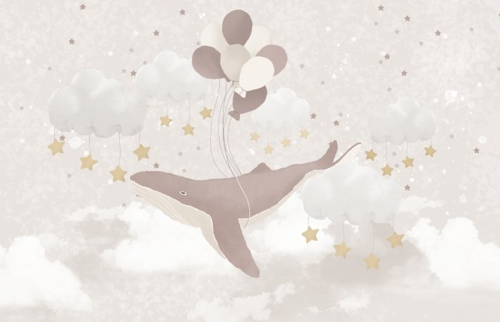 Fotobehang Vliegende walvis met ballonnen tussen de sterren en wolken