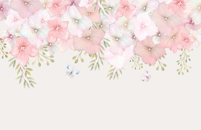 Fotobehang Aquarelbloemen en vlinders in een pastelcompositie