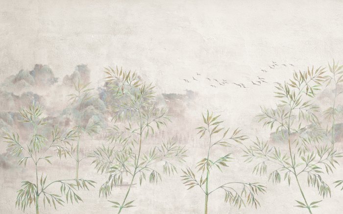 Fotobehang Bamboebomen met vliegende vogels op een gestructureerde achtergrond