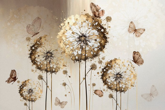 Fotobehang Blumen Löwenzahn und Schmetterlinge auf strukturiertem Hintergrund elegantes Muster