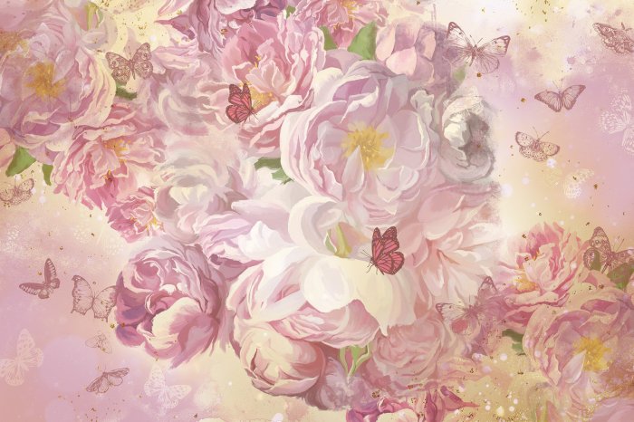 Fotobehang Rosa Blumen und Schmetterlinge Muster im Malstil