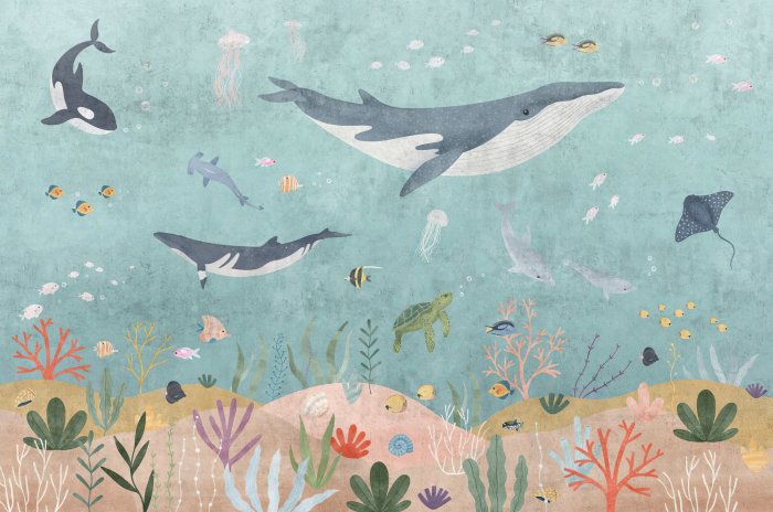 Fotobehang Wale Fische und Pflanzen in einer bunten Unterwasserwelt Kinderillustration