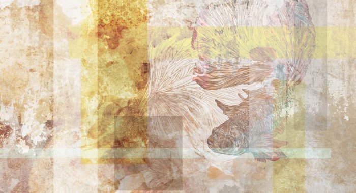 Fotobehang Geometrische Formen und Fische auf aquarelliertem strukturiertem Hintergrund künstlerisches Motiv