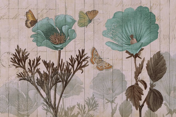 Fotobehang Schmetterlinge und blaue Blumen auf Holzuntergrund botanisches Muster im Vintage Stil
