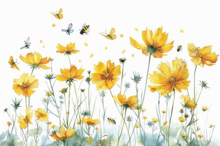 Fotobehang Botanisches muster mit gelben wildblumen schmetterlingen und insekten natürliches motiv