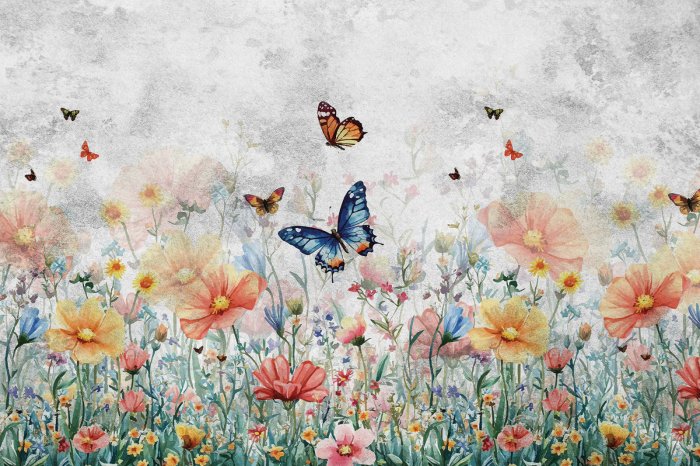 Fotobehang Schmetterlinge über einer bunten blumenwiese auf strukturiertem hintergrund in grautönen