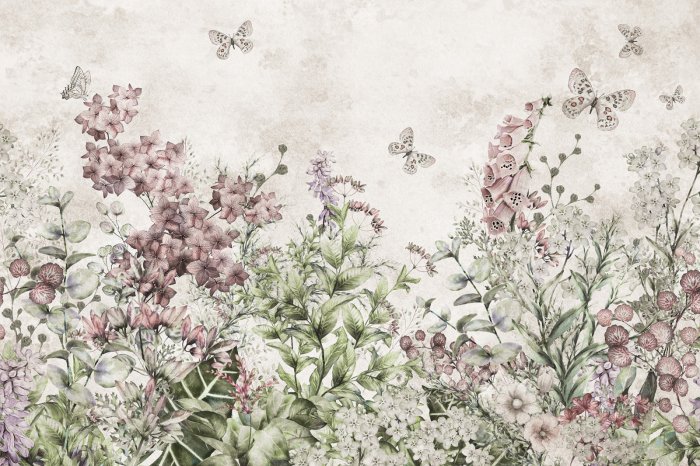 Fotobehang Schmetterlinge auf einer blumigen Wiese, Aquarell-Botanisches Muster auf hellem Hintergrund