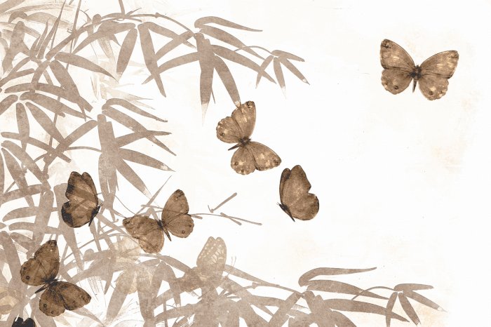 Fotobehang Aquarell beige Schmetterlinge mit Bambuszweigen auf weißem Hintergrund, natürliches Motiv