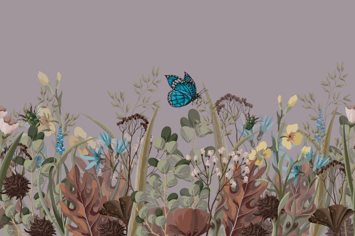 Fotobehang Blauer Schmetterling auf einer blumigen Wiese, natürliche Landschaft