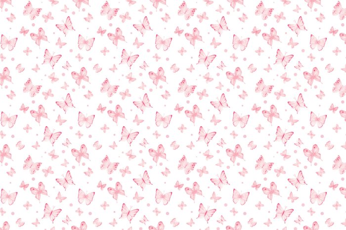 Fotobehang Aquarell-Schmetterlinge und Punkte auf weißem Hintergrund, zartes Kindermuster