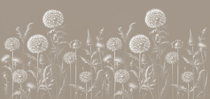 Fotobehang Weiße Löwenzahnblumen und Wildblumen auf beigefarbenem Hintergrund, botanisches Muster