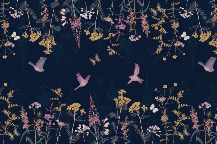 Fotobehang Botanisches Pflanzenmotiv mit bunten Blumen, Schmetterlingen und Vögeln