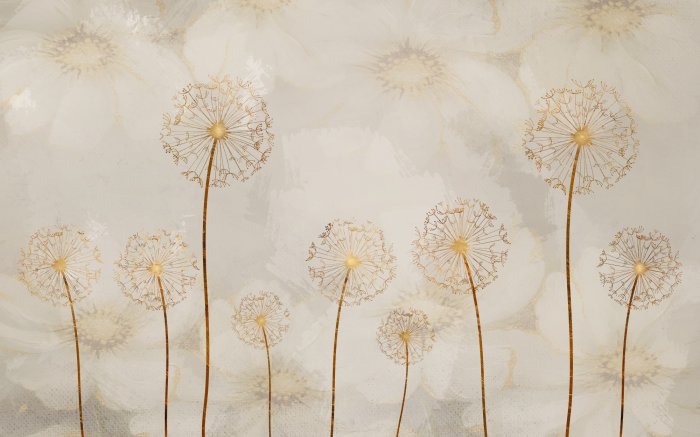 Fotobehang Abstrakte Löwenzahnblumen in goldener Farbe vor einem Hintergrund zarter gemalter Blumen