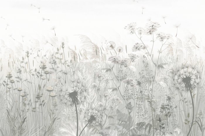 Fotobehang Wildblumen und Löwenzahn, botanisches Pflanzenmotiv in Grautönen