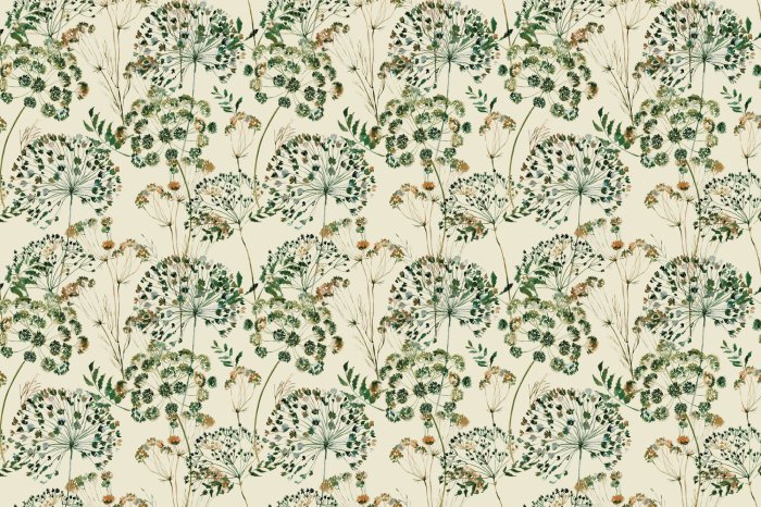 Fotobehang Aquarell-Löwenzahn und Wildblumen, zartes Pflanzenmotiv auf hellem Hintergrund