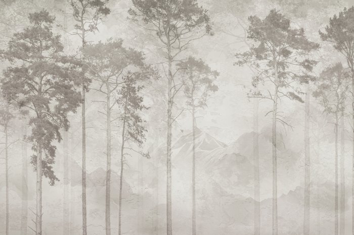 Fotobehang Minimalistische Landschaft mit Bäumen vor sanften Bergen im natürlichen Stil