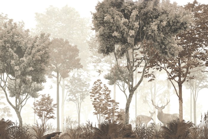 Fotobehang Vintage-Waldmotiv mit Hirsch und Reh in natürlicher Landschaft