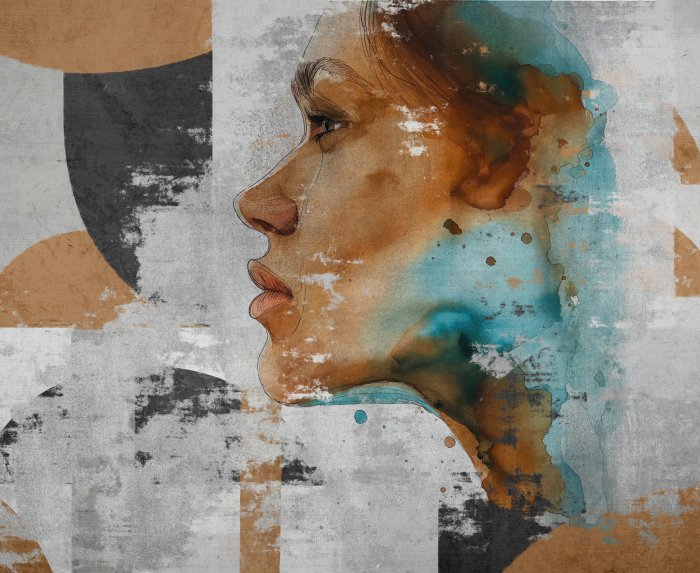 Fotobehang Artistiek portret van een vrouw met geometrische motieven in aquarelstijl.