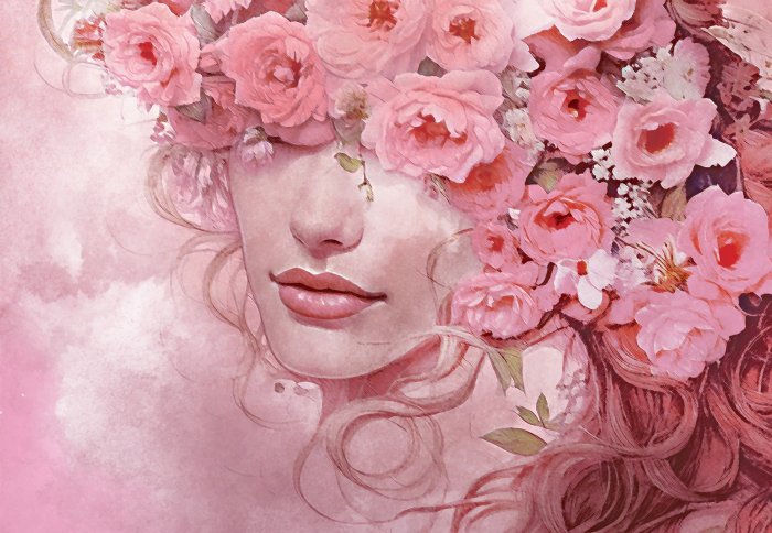 Fotobehang Een tere vrouw tussen roze bloemen in aquarelstijl